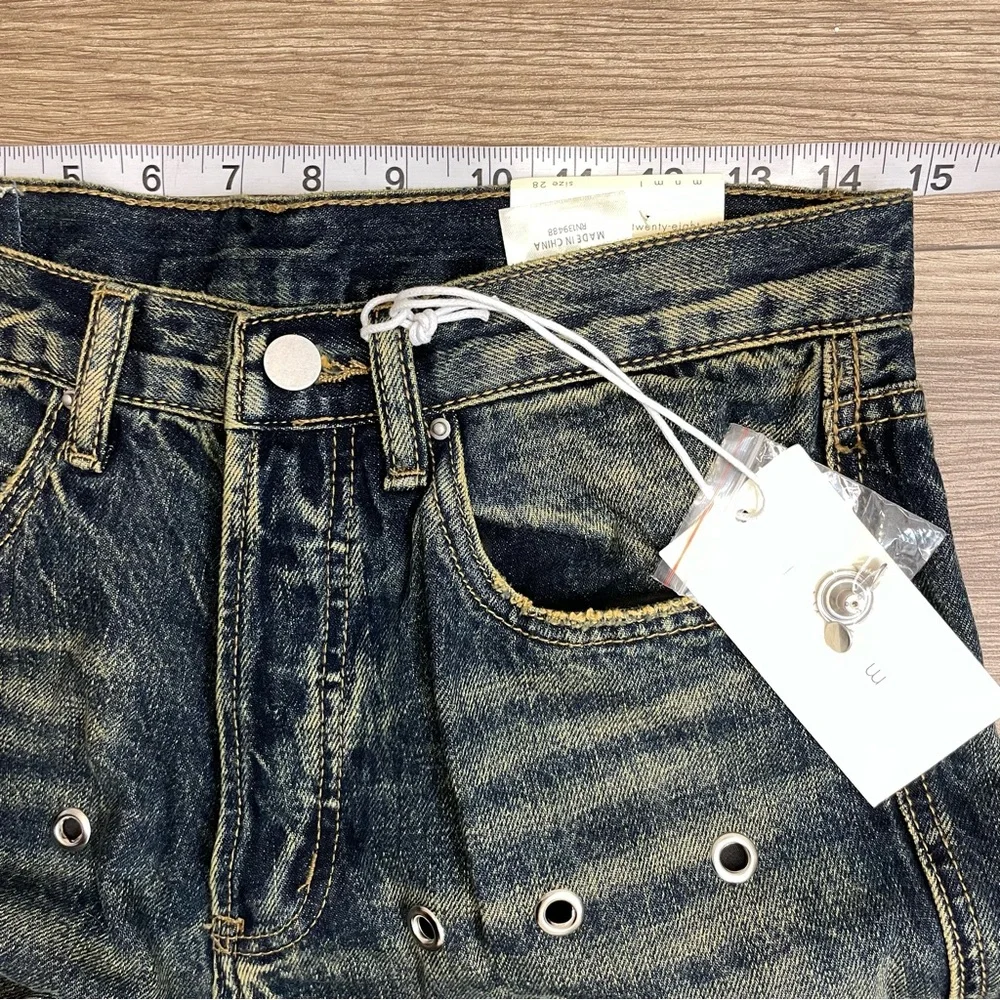 mnml Metal Eyelet Grommet Yellow Washed Distressed Denim Flare Jeans
